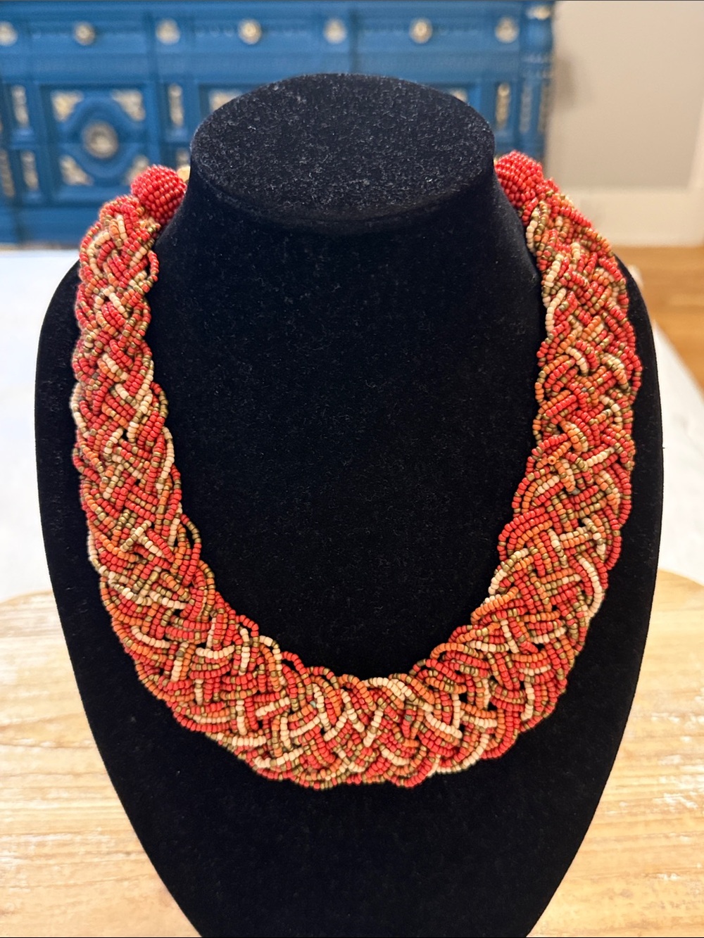 Vintage Gold Tone Orange Seed Beaded Braided Choker Collar Statement Necklace